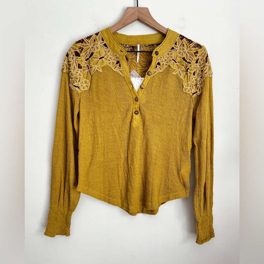 Free People Eazy Breezy Henley Lace Knit Thermal Long Sleeve Top S